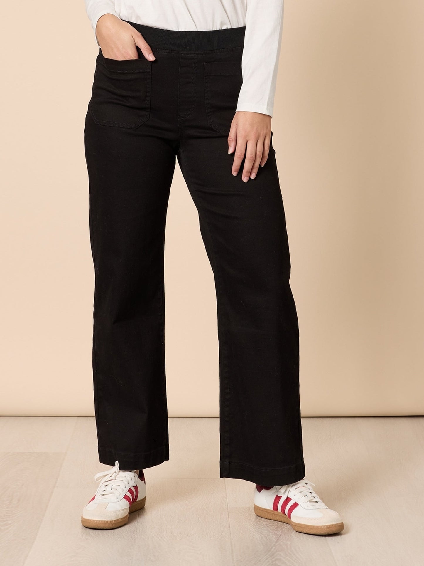 Image of Jeans. Product name - Carpenter Stretch Wide Leg Pull On Denim Jean Black in Black colour by brand - Threadz