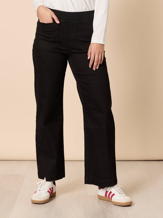 Image of Jeans. Product name - Carpenter Stretch Wide Leg Pull On Denim Jean Black in Black colour by brand - Threadz