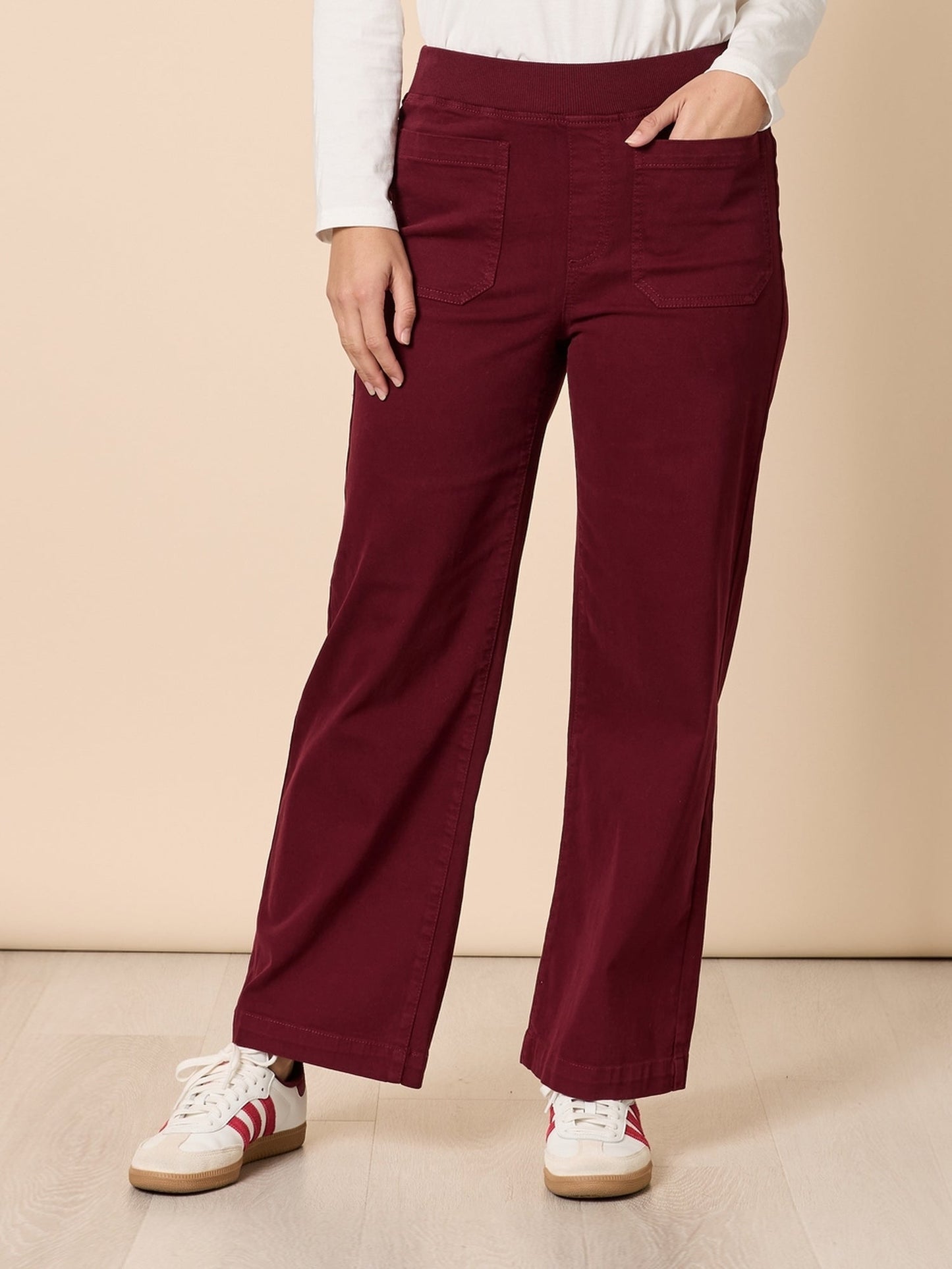 Image of Jeans. Product name - Carpenter Stretch Wide Leg Jean Shiraz in Shiraz colour by brand - Threadz