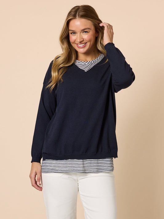 Image of a model wearing Tops. Product name - Double Take 2 in 1 Top Navy/White in Navy/White colour by brand - Threadz