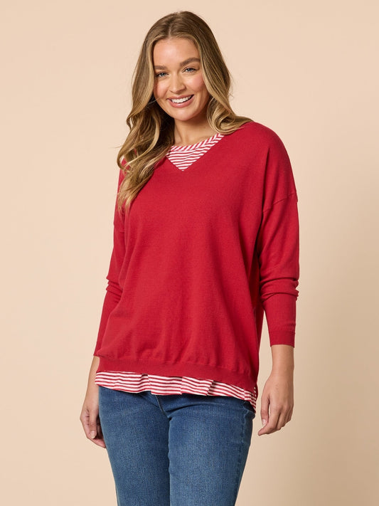 Image of a model wearing Tops. Product name - Double Take 2 in 1 Top Red/White in Red/White colour by brand - Threadz