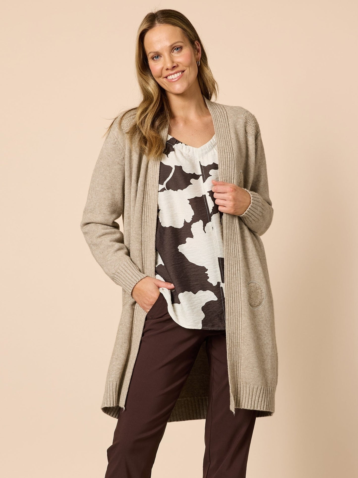 Image of Cardigans. Product name - Cirque Cardigan Latte in Latte colour by brand - Clarity