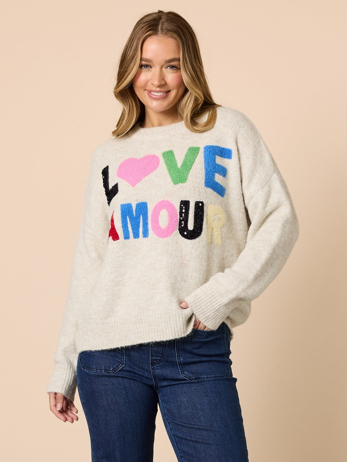 Image of a model wearing Tops. Product name - Love Amour Knit Natural in Natural colour by brand - Threadz
