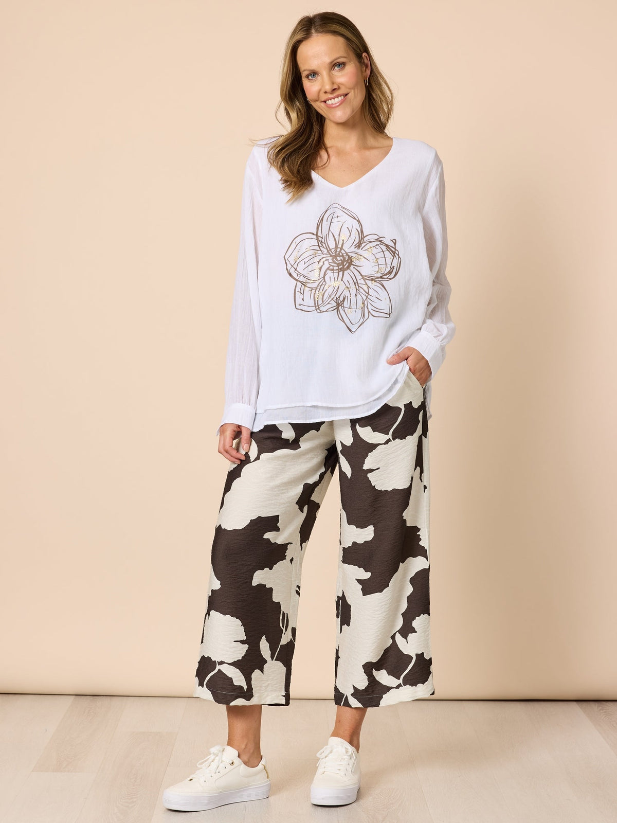 Clarity Toulouse Floral Print Wide Leg Pant (Coffee Ivory)