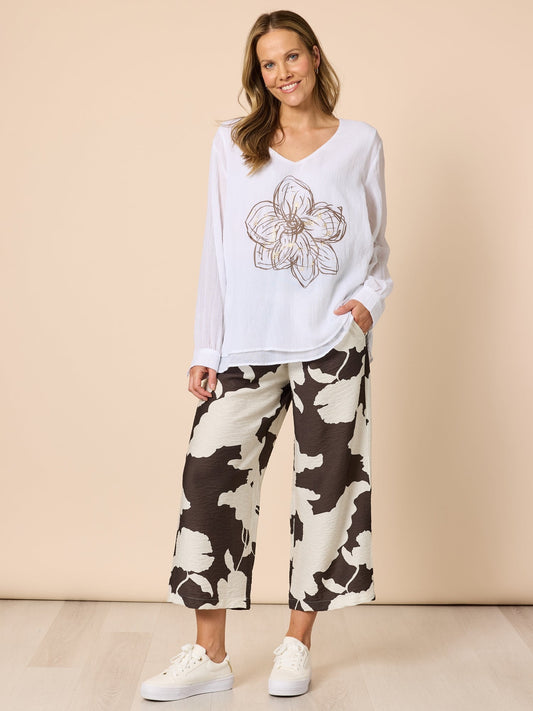 Clarity Toulouse Floral Print Wide Leg Pant (Coffee Ivory)