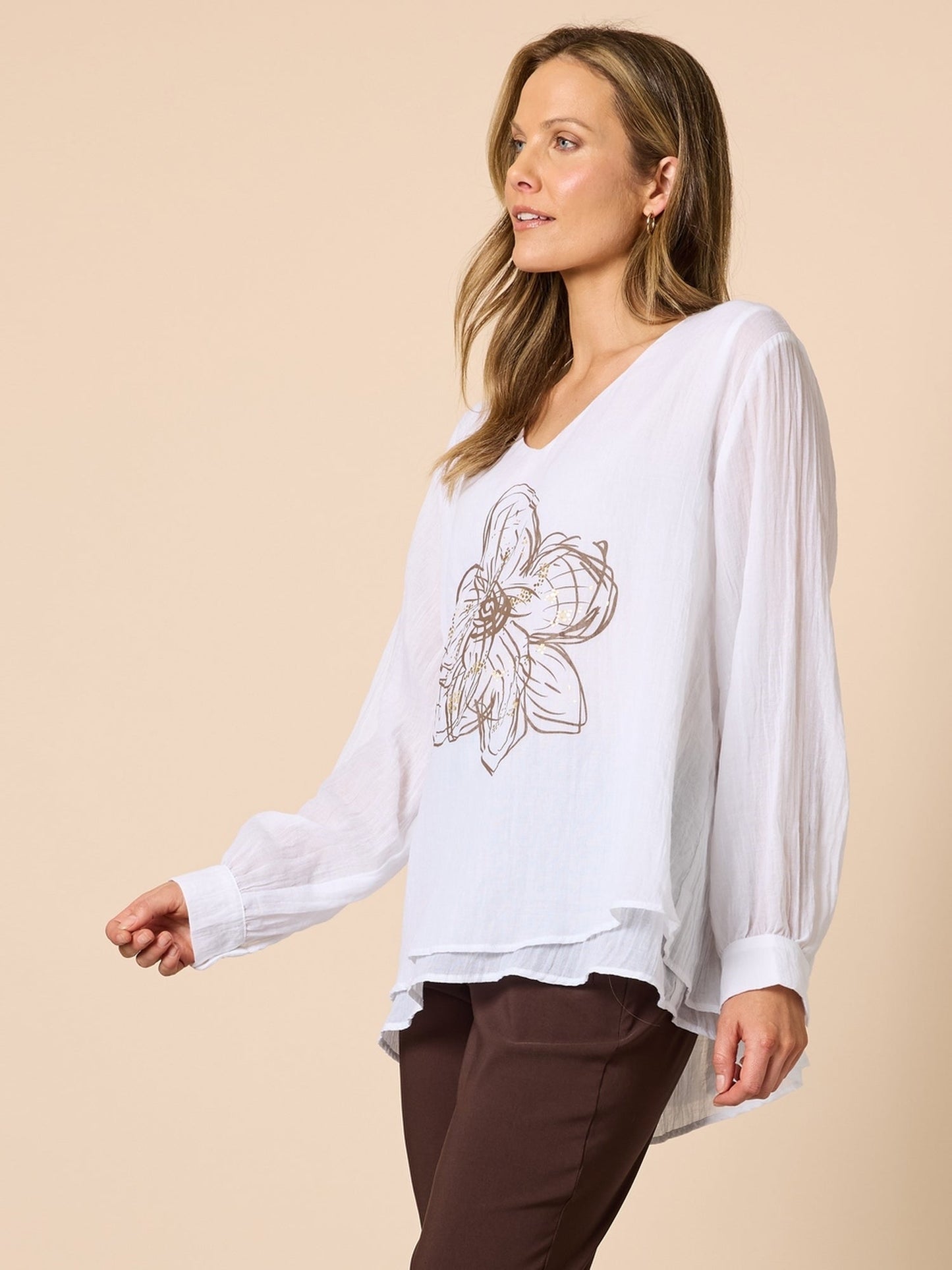 Clarity Fleur Floral Print Top (White/Gold)