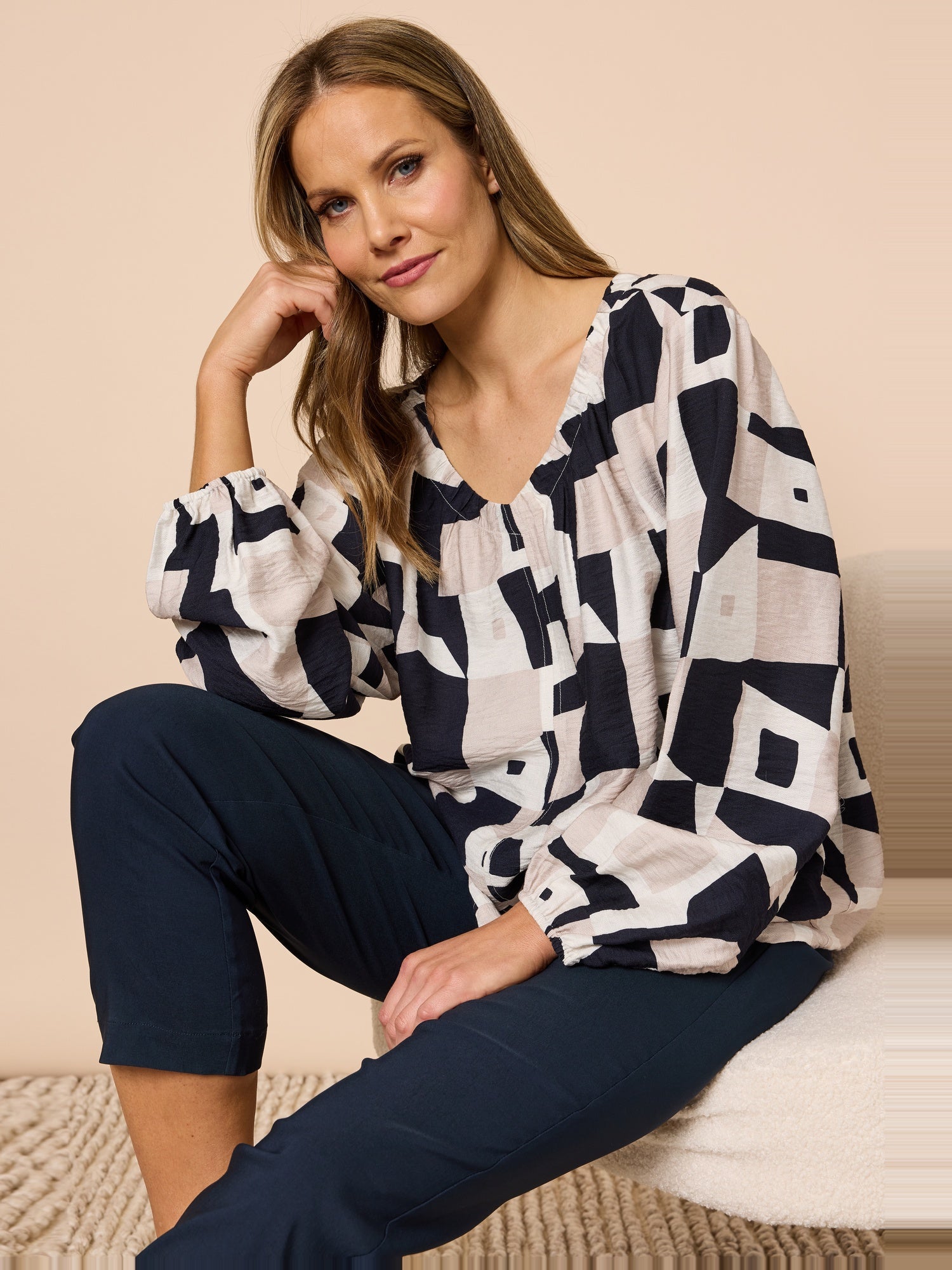 Image of a model wearing Tops. Product name - Rive Gauche Top Navy Multi in Navy Multi colour by brand - Clarity