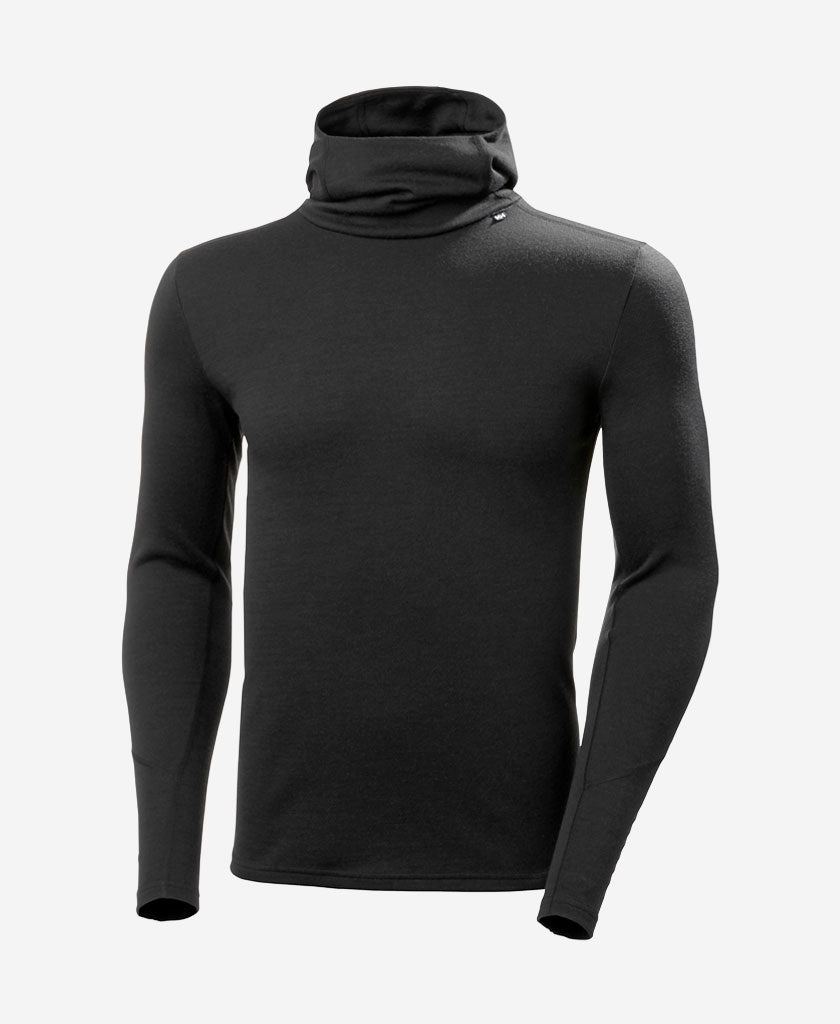 Image of a model wearing Tops. Product name - LIFA MERINO MIDWEIGHT HOODIE, Black in Black colour by brand - Helly Hansen