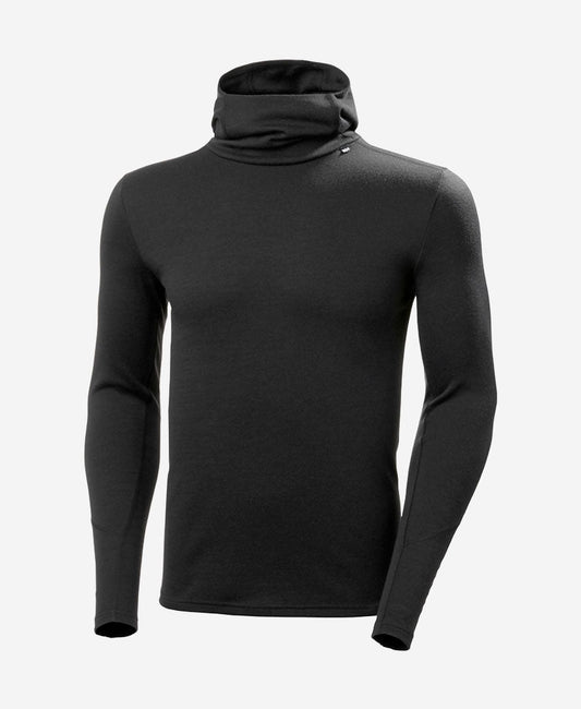 Image of a model wearing Tops. Product name - LIFA MERINO MIDWEIGHT HOODIE, Black in Black colour by brand - Helly Hansen