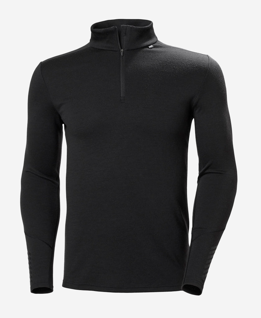 Image of a model wearing Tops. Product name - LIFA MERINO MIDWEIGHT 1/2 ZIP, Black in Black colour by brand - Helly Hansen