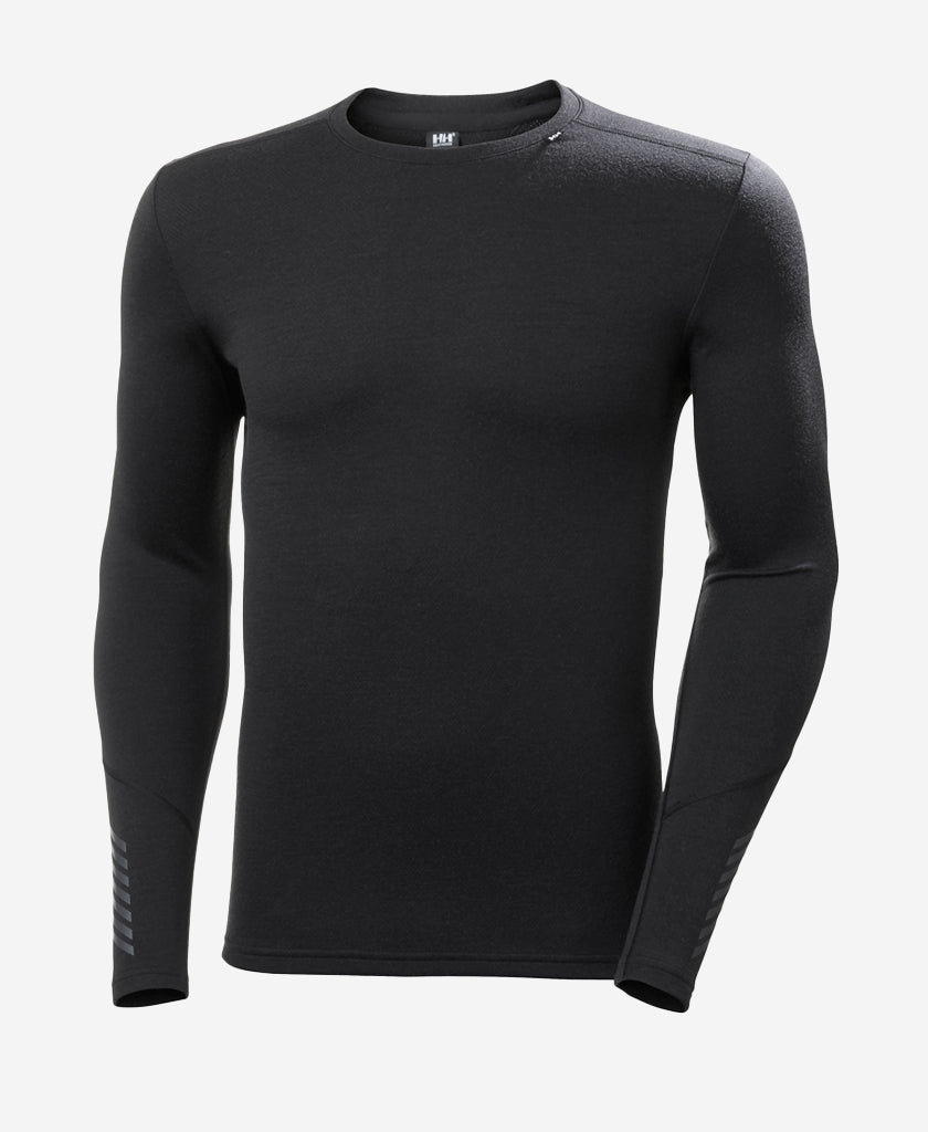 Image of a model wearing Tops. Product name - LIFA MERINO MIDWEIGHT CREW, Black in Black colour by brand - Helly Hansen