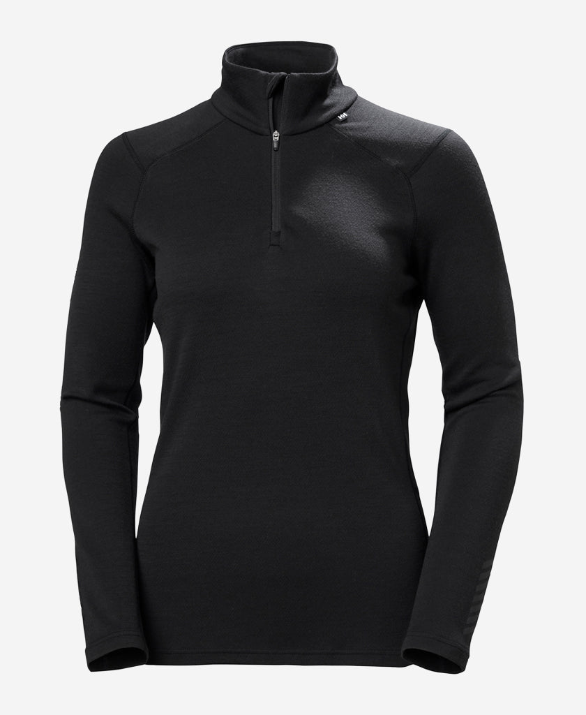 Image of a model wearing Tops. Product name - W LIFA MERINO MIDWEIGHT 1/2 ZIP, Black in Black colour by brand - Helly Hansen