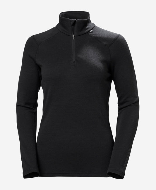 Image of a model wearing Tops. Product name - W LIFA MERINO MIDWEIGHT 1/2 ZIP, Black in Black colour by brand - Helly Hansen