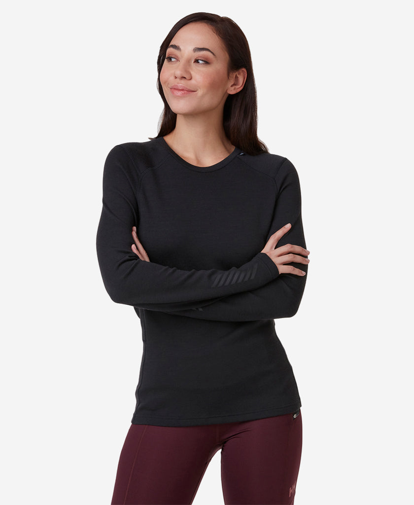 Image of a model wearing Tops. Product name - W LIFA MERINO MIDWEIGHT CREW, Black in Black colour by brand - Helly Hansen