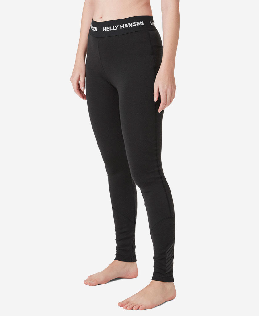 Image of a model wearing Pants. Product name - W LIFA MERINO MIDWEIGHT PANT, Black in Black colour by brand - Helly Hansen