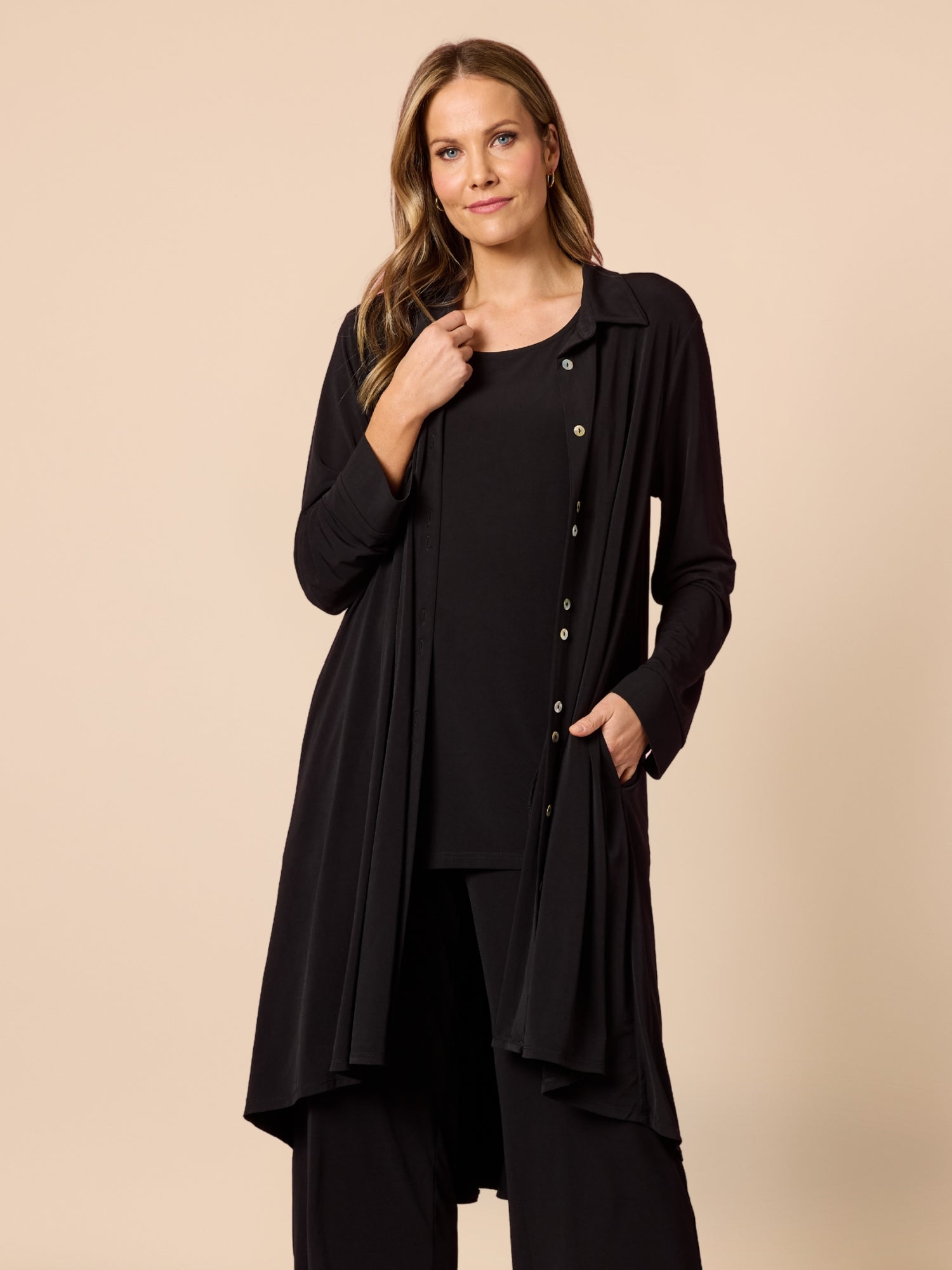 Image of Cardigans. Product name - Traveller Longline Cardigan Black in Black colour by brand - Clarity
