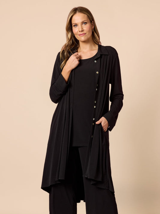 Image of Cardigans. Product name - Traveller Longline Cardigan Black in Black colour by brand - Clarity