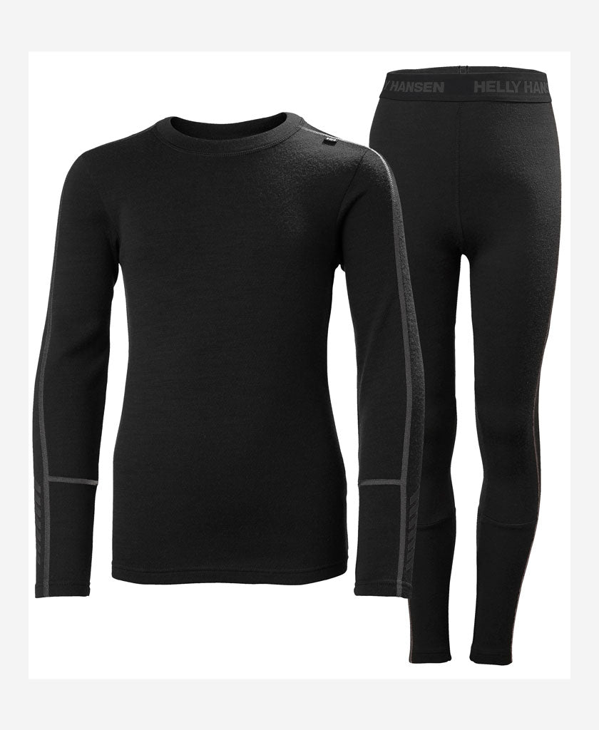 Image of a model wearing Tops. Product name - JR LIFA MERINO MIDWEIGHT SET, Black in Black colour by brand - Helly Hansen