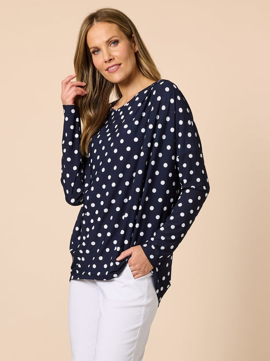 Image of a model wearing Tops. Product name - Le Spot Top Navy/White in Navy/White colour by brand - Clarity