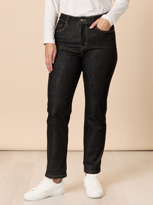 Image of Jeans. Product name - The Retro Cuff Straight Leg Jean Black in Black colour by brand - Threadz