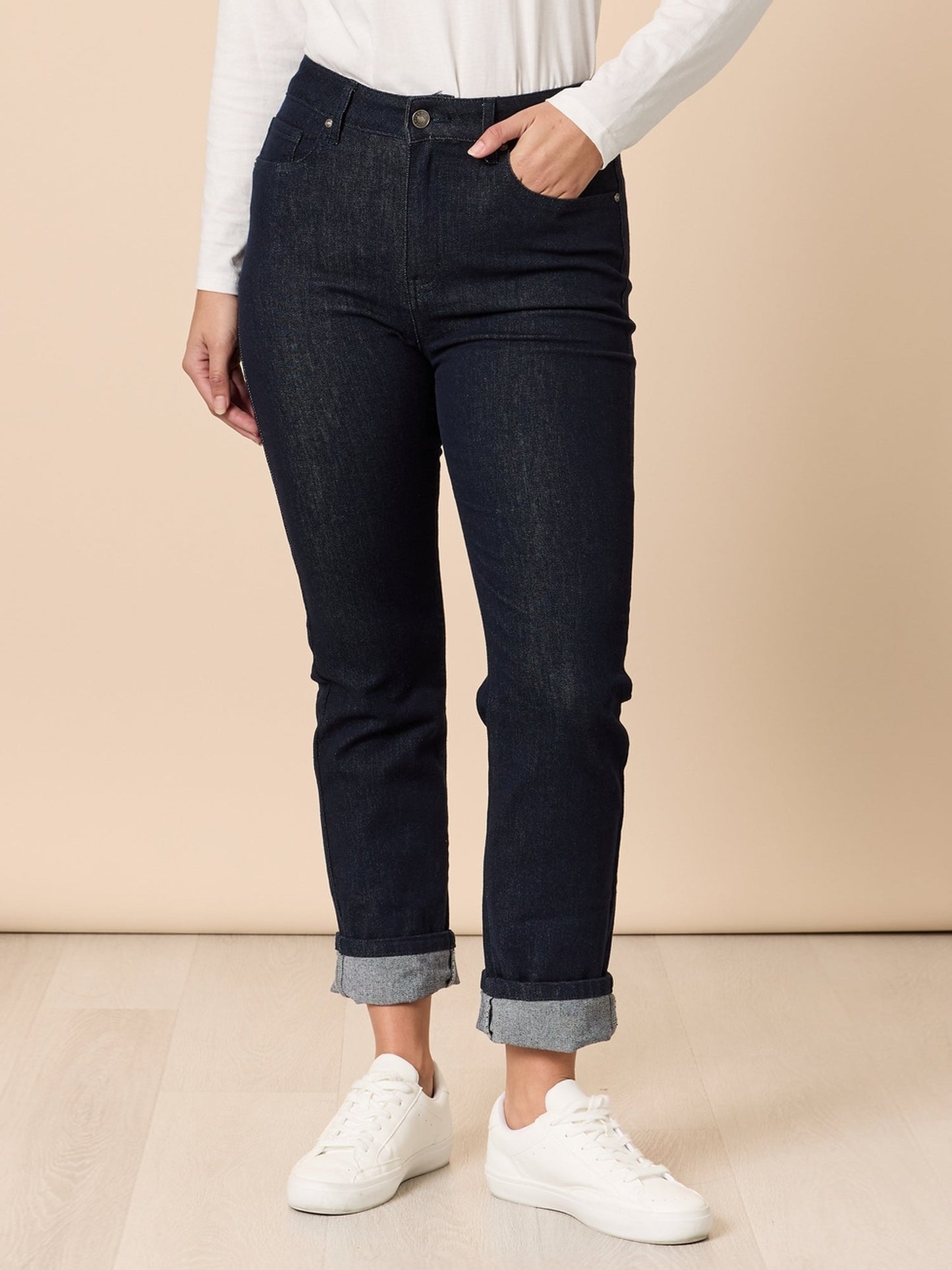 Image of Jeans. Product name - The Retro Cuff Straight Leg Jean Dark Denim in Dark Denim colour by brand - Threadz