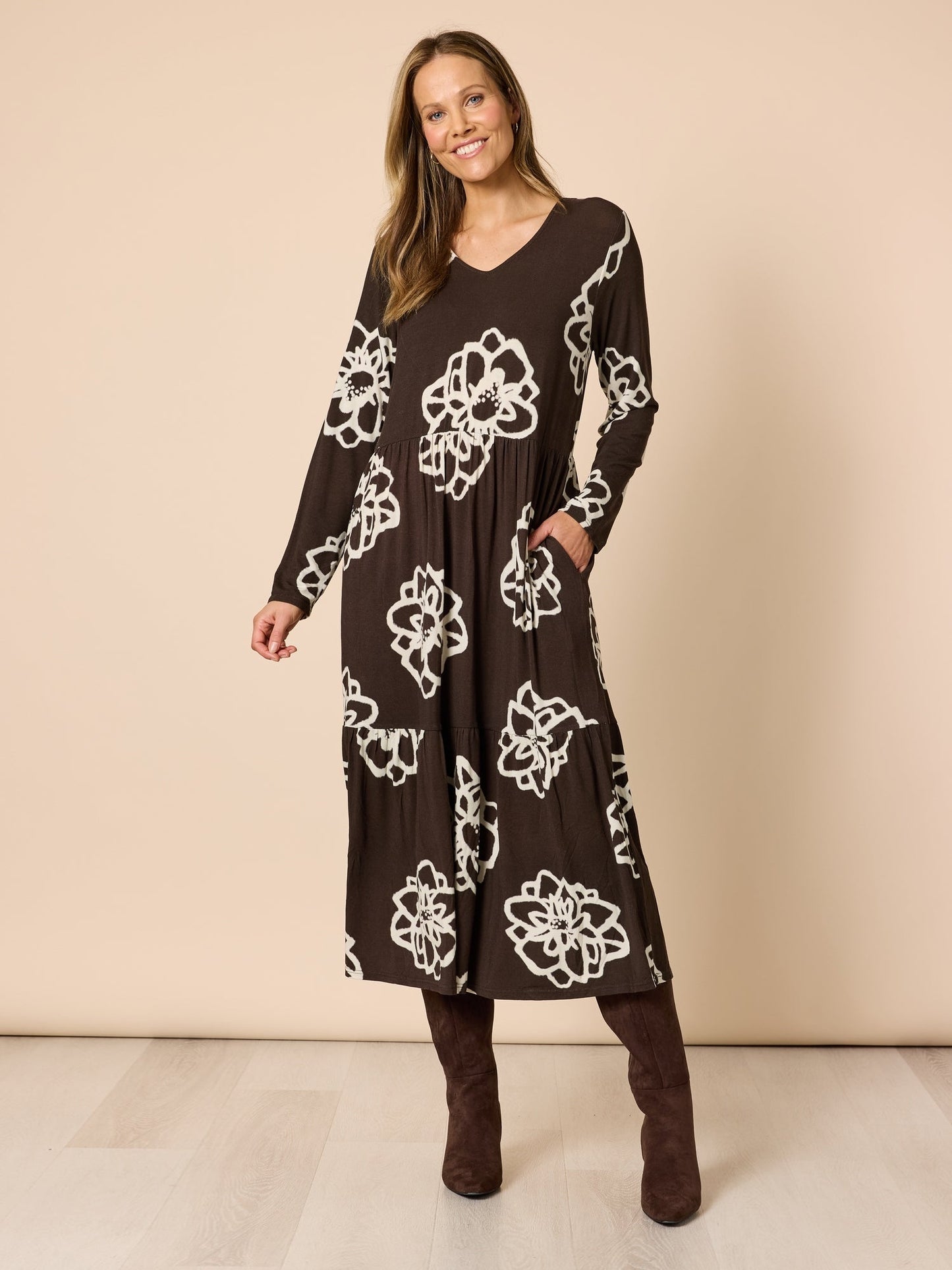 Image of Dresses. Product name - Florentine Dress Coffee Ivory in Coffee Ivory colour by brand - Clarity