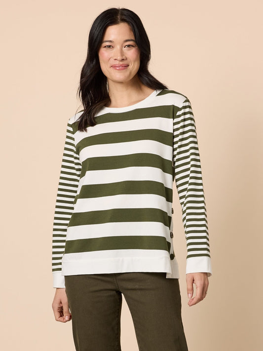 Image of a model wearing Tops. Product name - Brighton Stripe Top Khaki Ivory in Khaki Ivory colour by brand - Gordon Smith