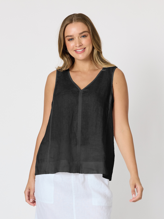 Image of a model wearing Tops. Product name - Tilly Linen Camisole Black in Black colour by brand - Gordon Smith