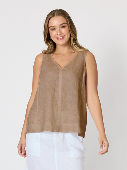 Image of a model wearing Tops. Product name - Tilly Linen Camisole Mocha in Mocha colour by brand - Gordon Smith