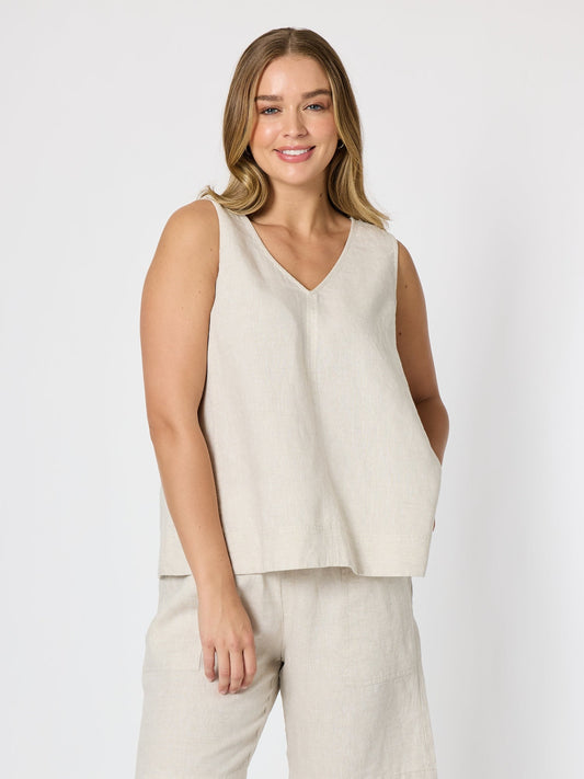 Image of a model wearing Tops. Product name - Tilly Linen Camisole Natural in Natural colour by brand - Gordon Smith