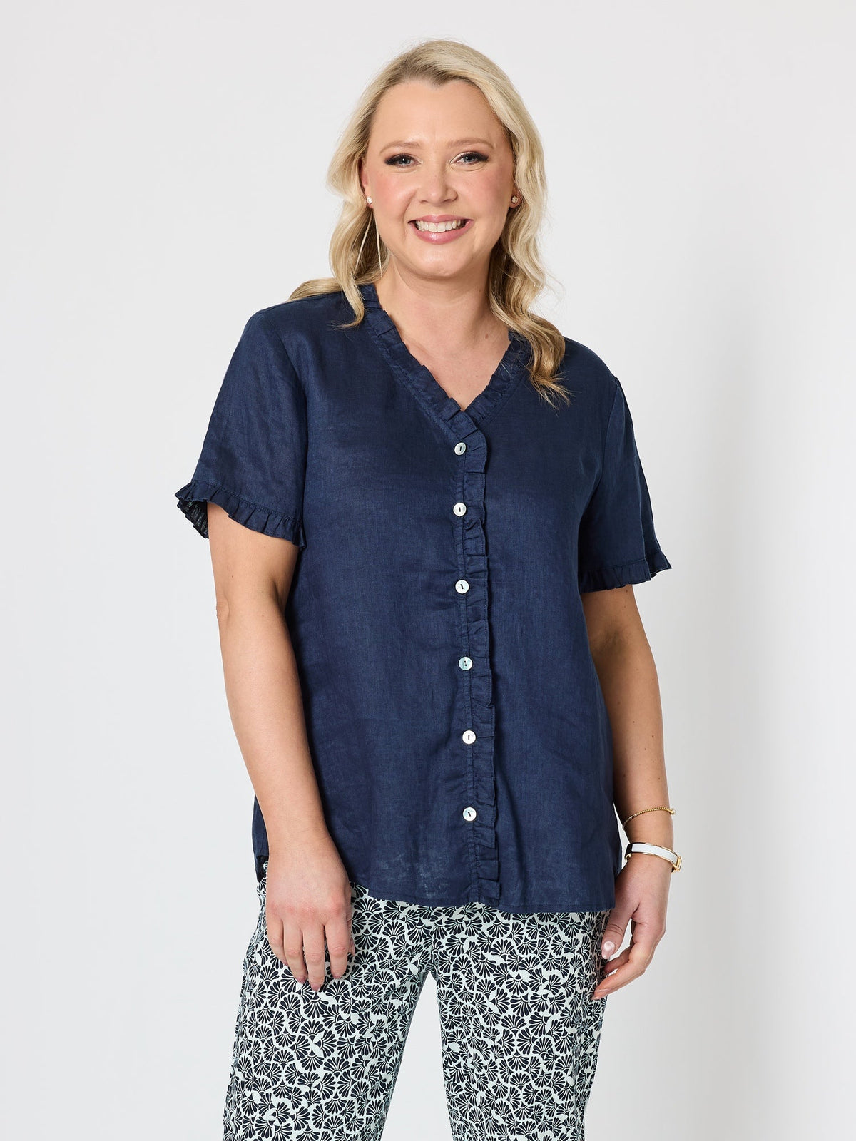 Gordon Smith Audrey Linen Short Sleeve Ruffle Shirt (Navy)