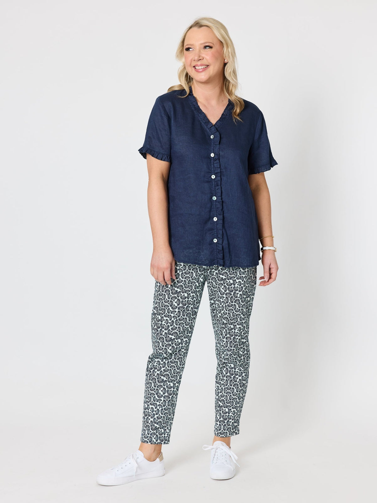 Gordon Smith Audrey Linen Short Sleeve Ruffle Shirt (Navy)