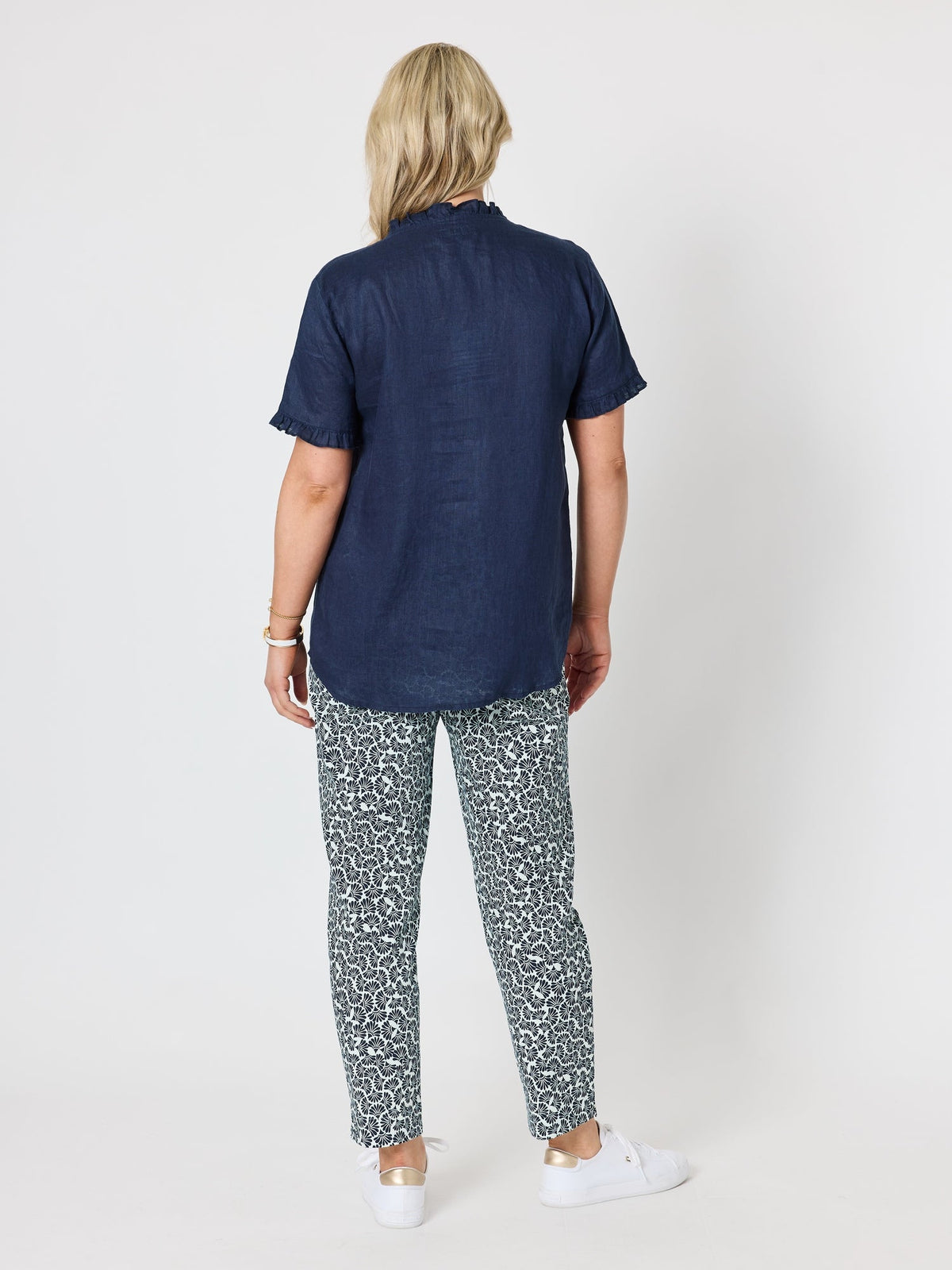 Gordon Smith Audrey Linen Short Sleeve Ruffle Shirt (Navy)