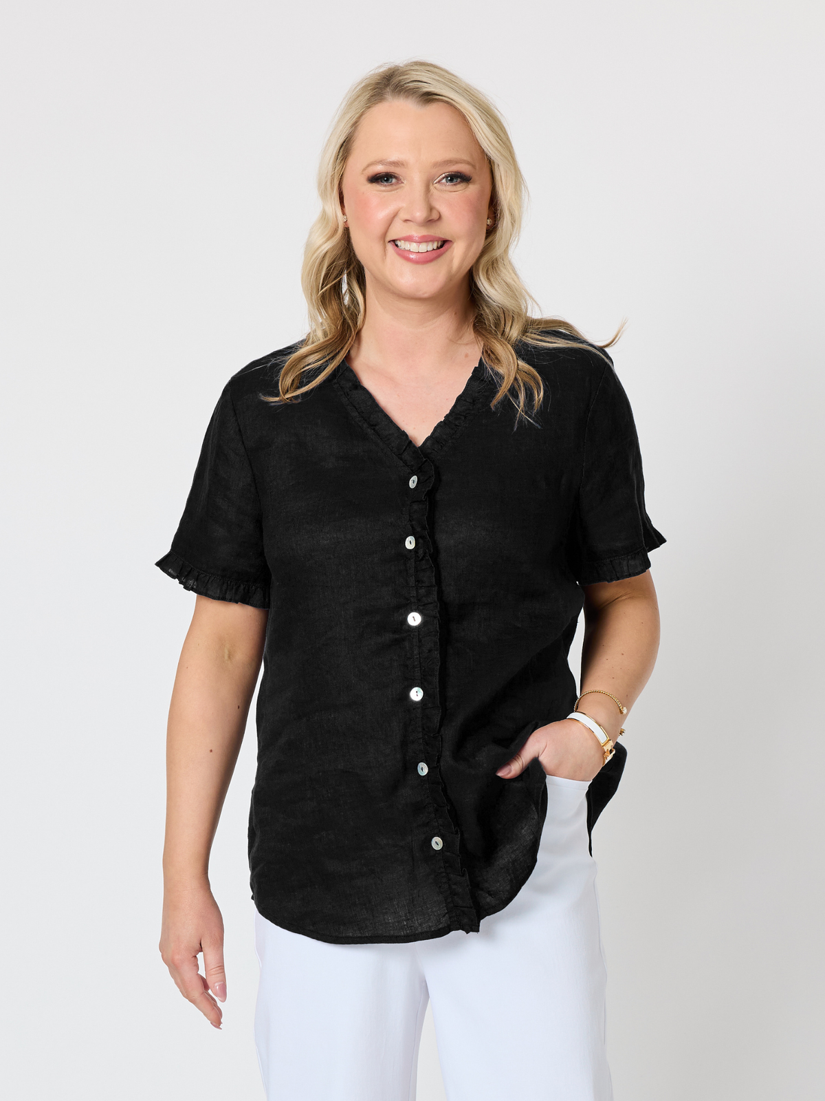 Gordon Smith Audrey Linen Short Sleeve Ruffle Shirt (Black)