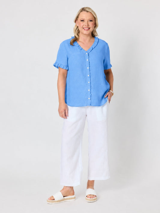 Gordon Smith Audrey Linen Short Sleeve Ruffle Shirt (Cornflower)