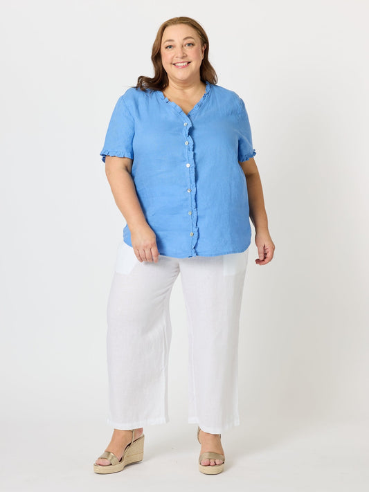 Gordon Smith Audrey Linen Short Sleeve Ruffle Shirt (Cornflower)