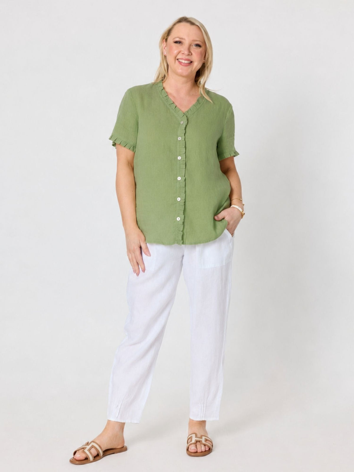 Gordon Smith Audrey Linen Short Sleeve Ruffle Shirt (Fern)