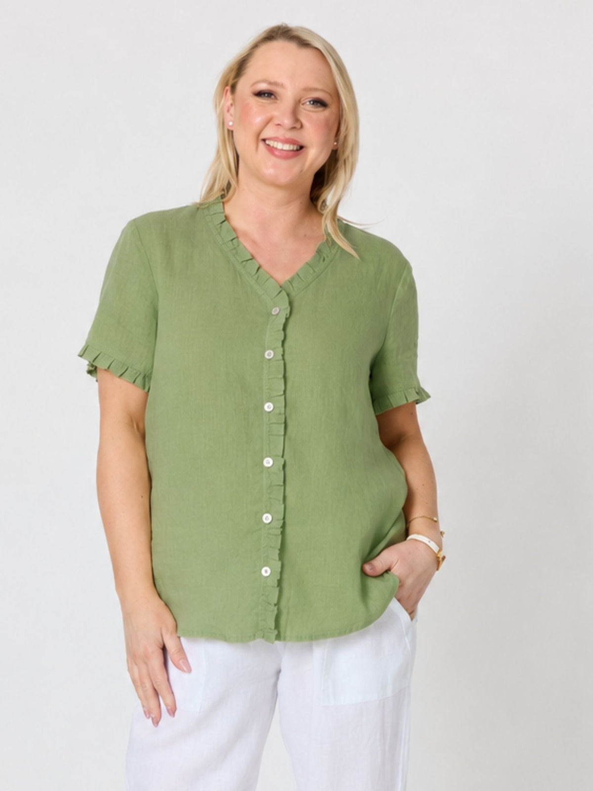 Gordon Smith Audrey Linen Short Sleeve Ruffle Shirt (Fern)