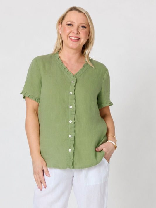 Gordon Smith Audrey Linen Short Sleeve Ruffle Shirt (Fern)