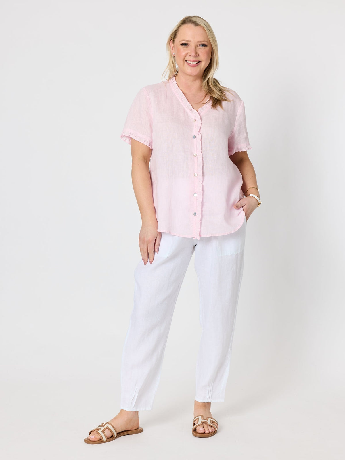 Gordon Smith Audrey Linen Short Sleeve Ruffle Shirt (Pale Pink)
