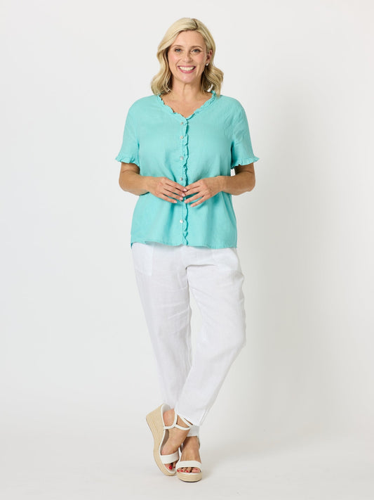 Gordon Smith Audrey Linen Short Sleeve Ruffle Shirt (Seafoam)