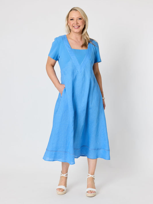 Image of Dresses. Product name - Le Marais Linen Midi Dress Cornflower in Cornflower colour by brand - Gordon Smith