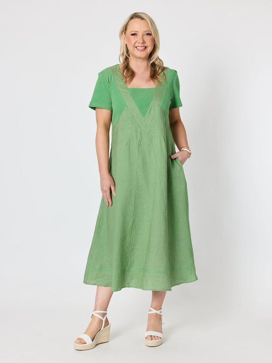 Image of Dresses. Product name - Le Marais Linen Midi Dress Fern in Fern colour by brand - Gordon Smith