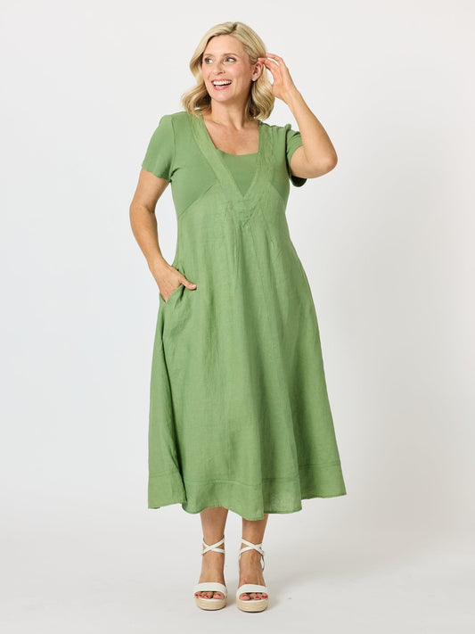 Image of Dresses. Product name - Le Marais Linen Midi Dress Fern in Fern colour by brand - Gordon Smith