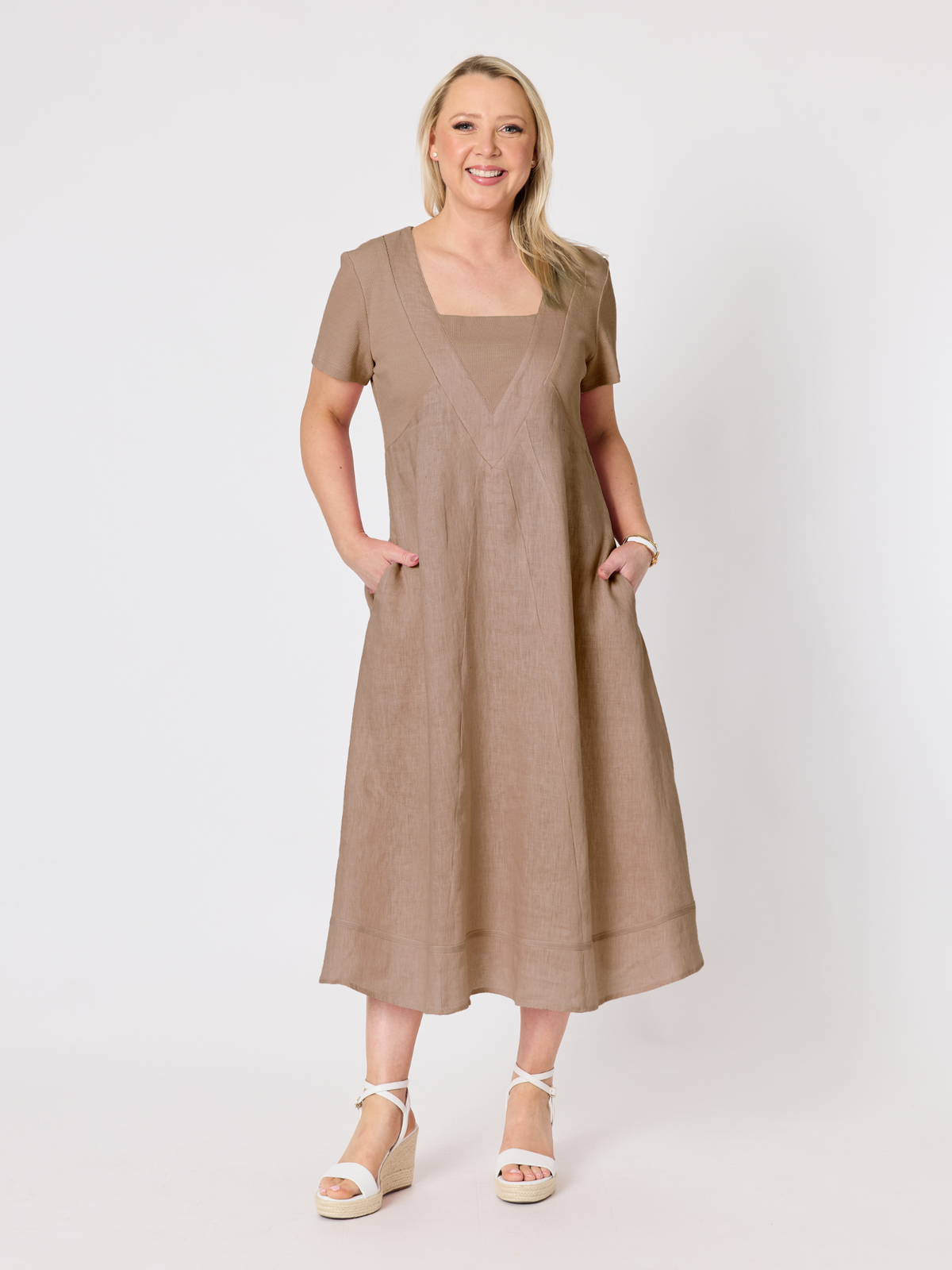 Image of Dresses. Product name - Le Marais Linen Midi Dress Mocha in Mocha colour by brand - Gordon Smith