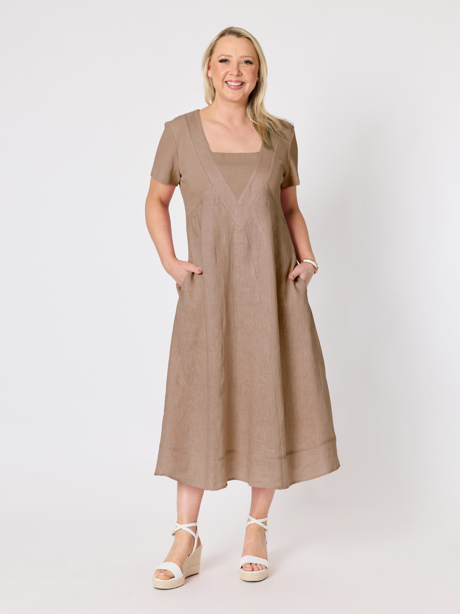 Image of Dresses. Product name - Le Marais Linen Midi Dress Mocha in Mocha colour by brand - Gordon Smith