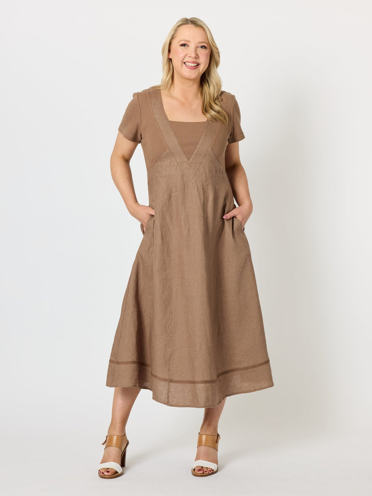 Image of Dresses. Product name - Le Marais Linen Midi Dress Mocha in Mocha colour by brand - Gordon Smith