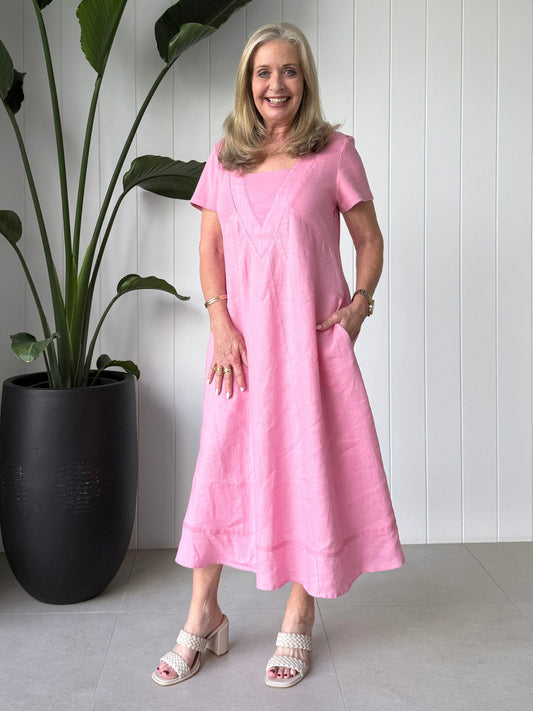 Image of Dresses. Product name - Le Marais Linen Midi Dress Musk in Musk colour by brand - Gordon Smith