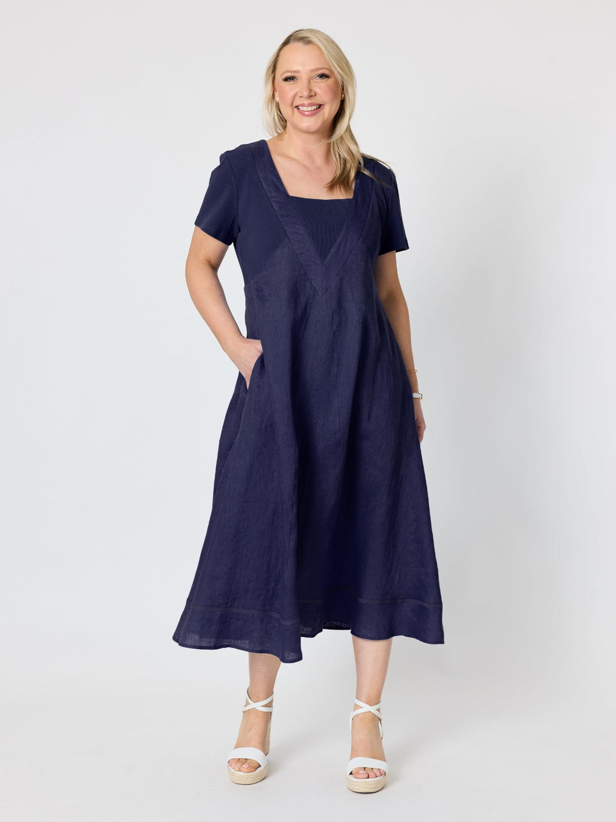 Image of Dresses. Product name - Le Marais Linen Midi Dress Navy in Navy colour by brand - Gordon Smith