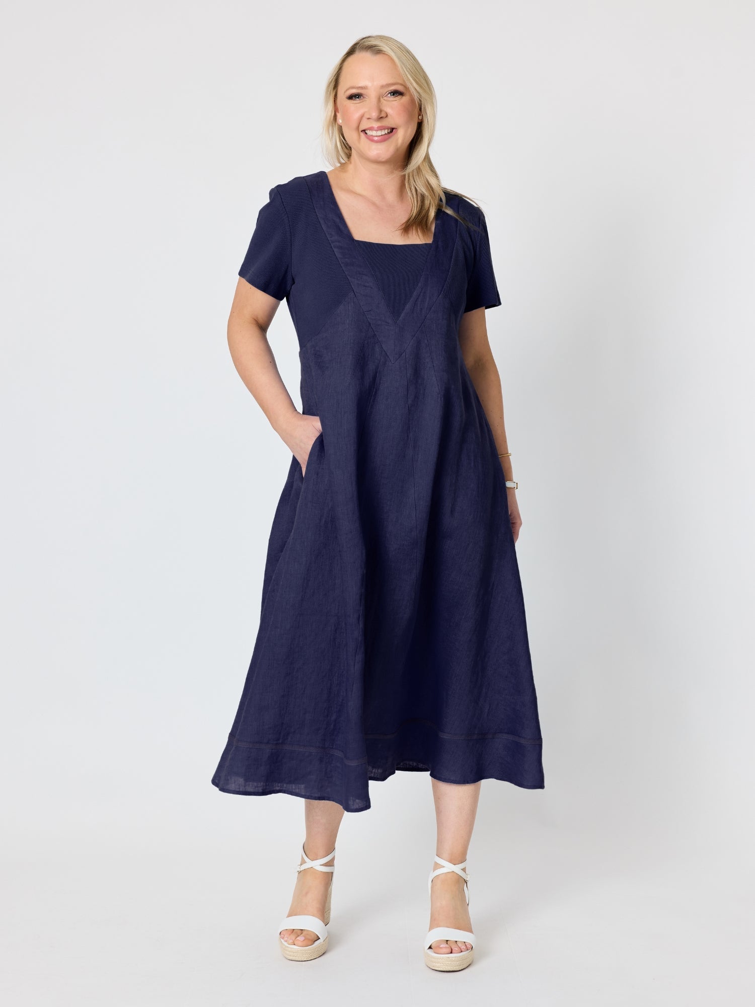Image of Dresses. Product name - Le Marais Linen Midi Dress Navy in Navy colour by brand - Gordon Smith